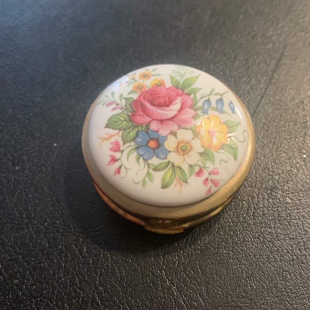 Vintage Kigu England Floral Porcelain & Brass pillow box